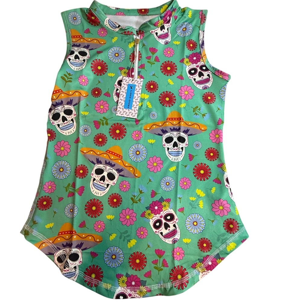 Proud 90 Golf Sleeveless Polo Shirt Womens XS Green Sugar Skull Floral NWT